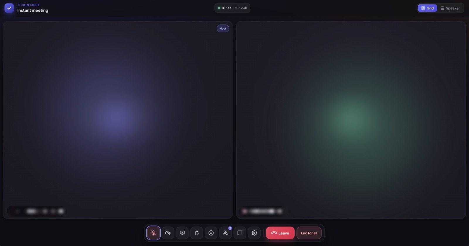 A Tickin Meet call in grid view: two participants, a running 01:33 timer, and controls for mute, camera, screen share, reactions, chat and leaving the call
