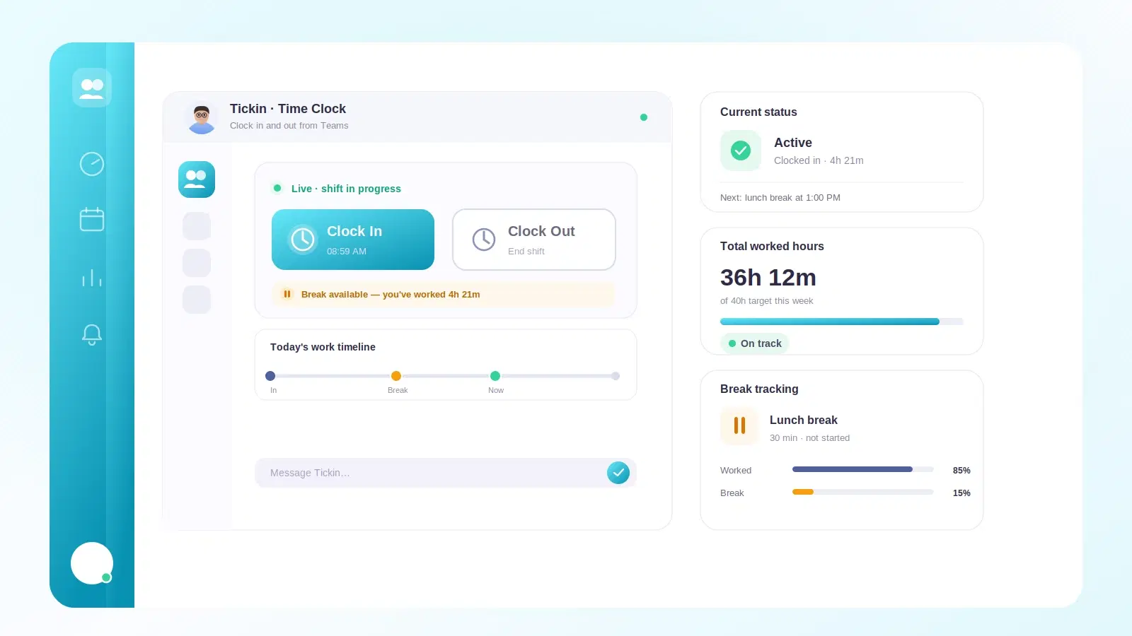 A Microsoft Teams chat showing a clock-in confirmation from an attendance bot