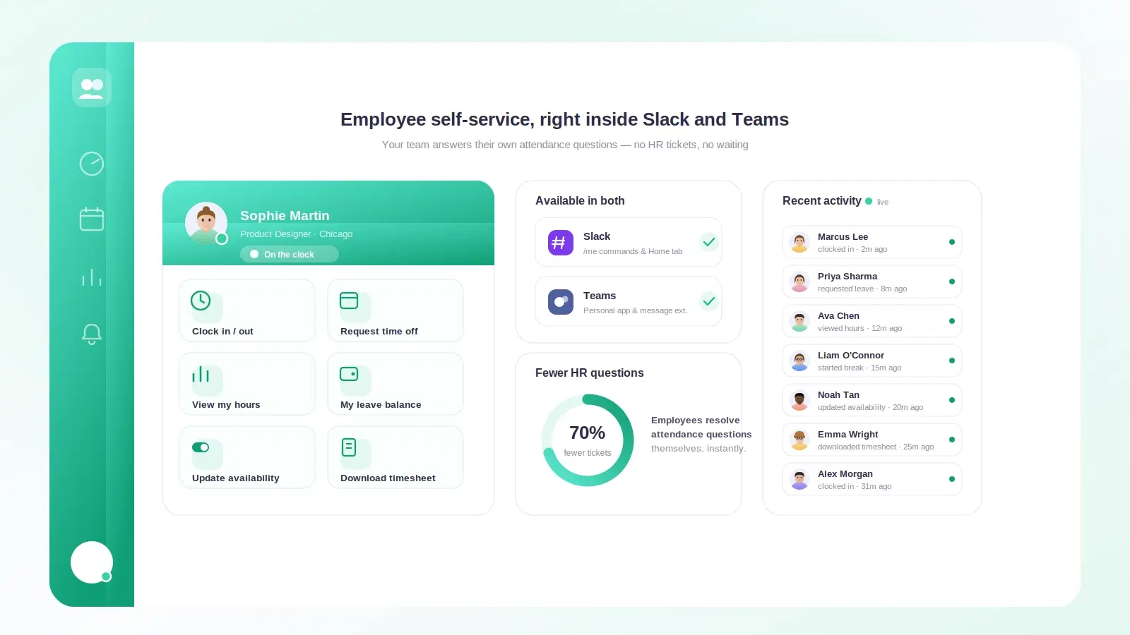 An employee checking their leave balance and today's attendance from a Slack message with the Tickin bot