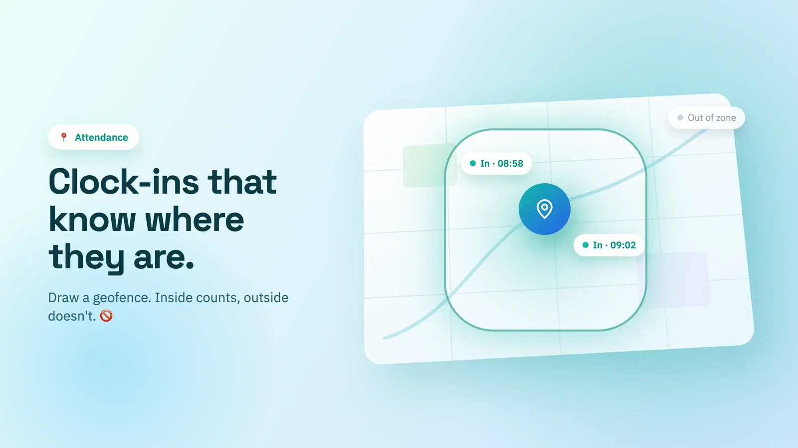 A map with a circular geofence around a job site and clock-in pins inside and outside it