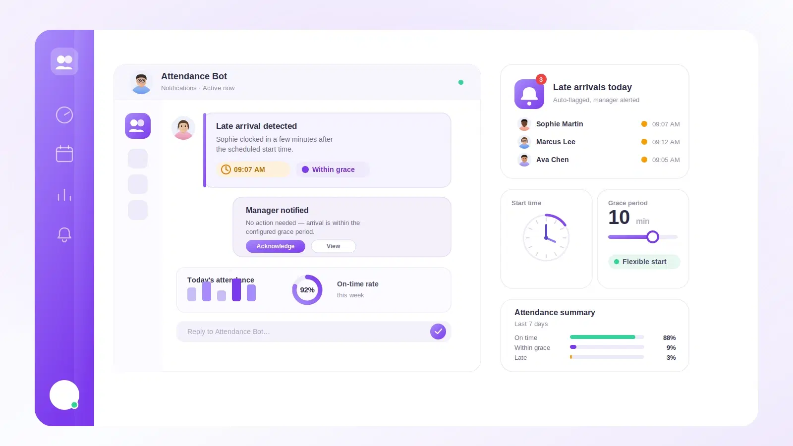 A Microsoft Teams channel showing a late-arrival notice for an employee who clocked in after the grace window