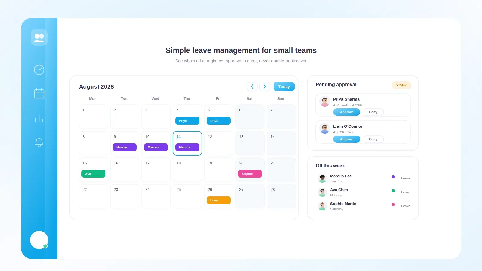 A small team calendar showing who is out on leave this week