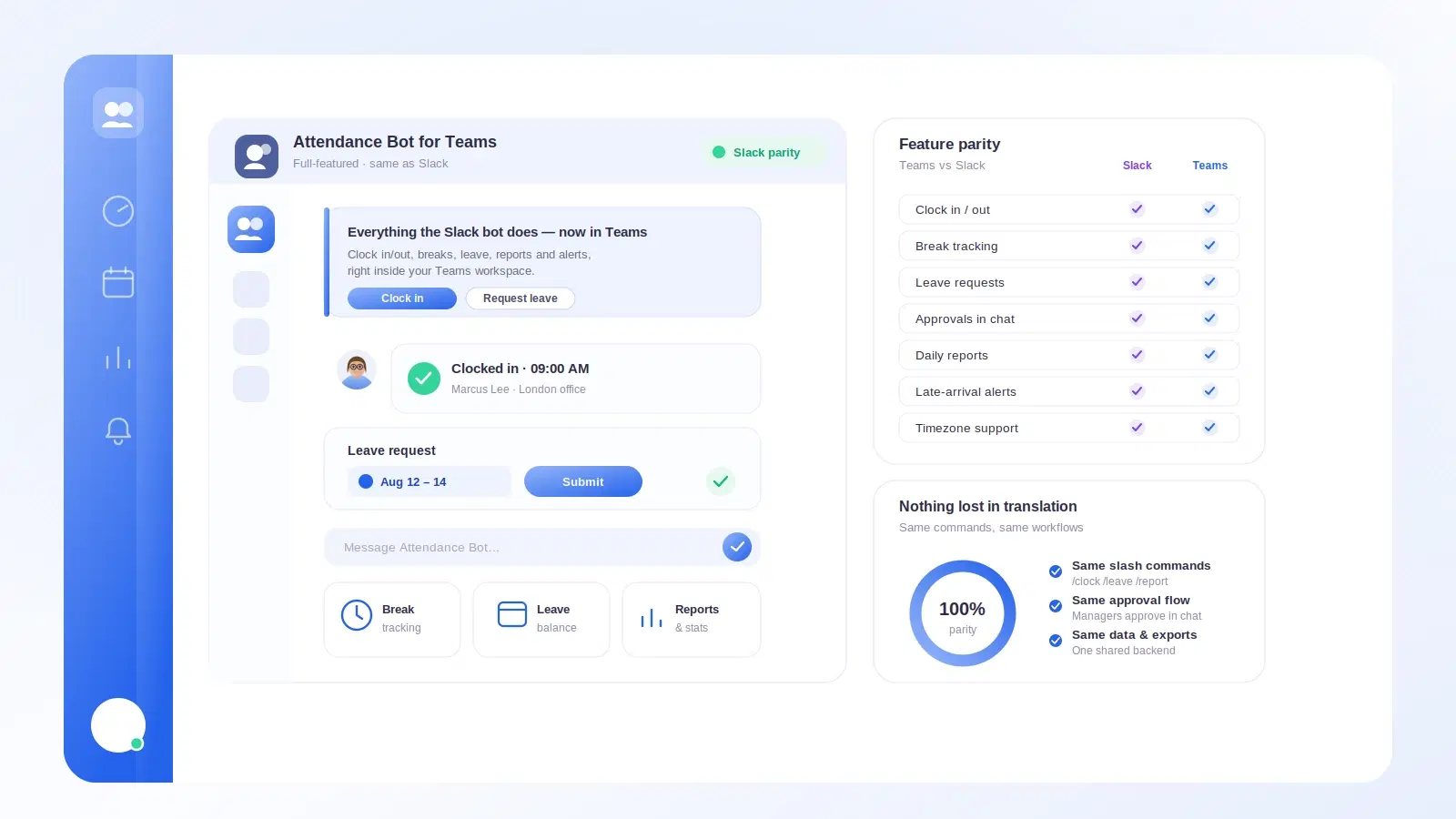 A Microsoft Teams chat showing the Tickin bot with a clock-in confirmation, a team dashboard, and an interactive leave-approval Adaptive Card