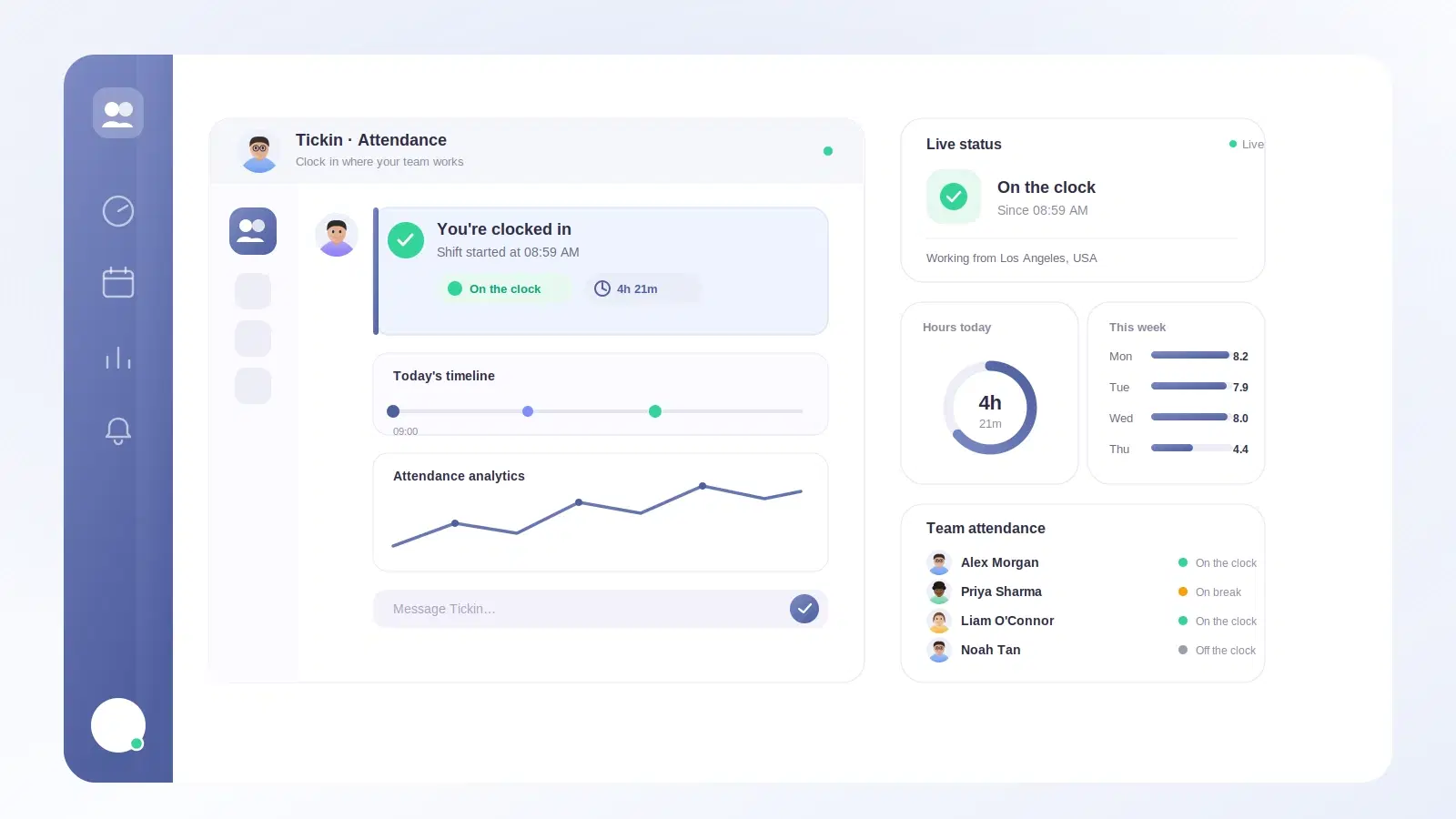 A Microsoft Teams chat window showing an employee clocking in and a manager receiving a late-arrival notice
