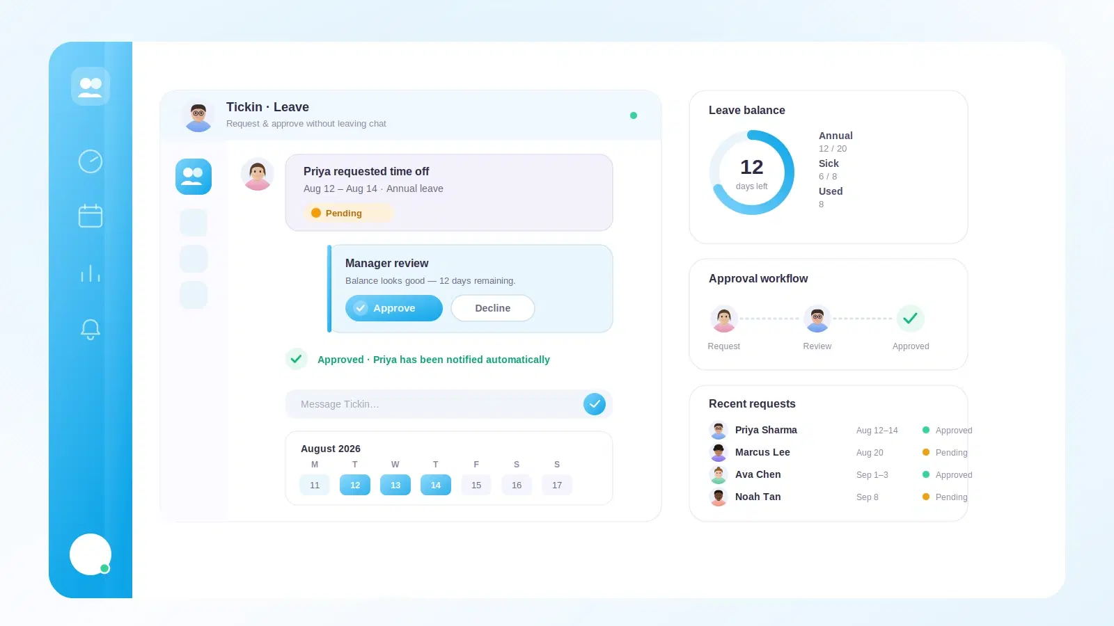 An interactive Microsoft Teams card showing a leave request with approve and decline buttons