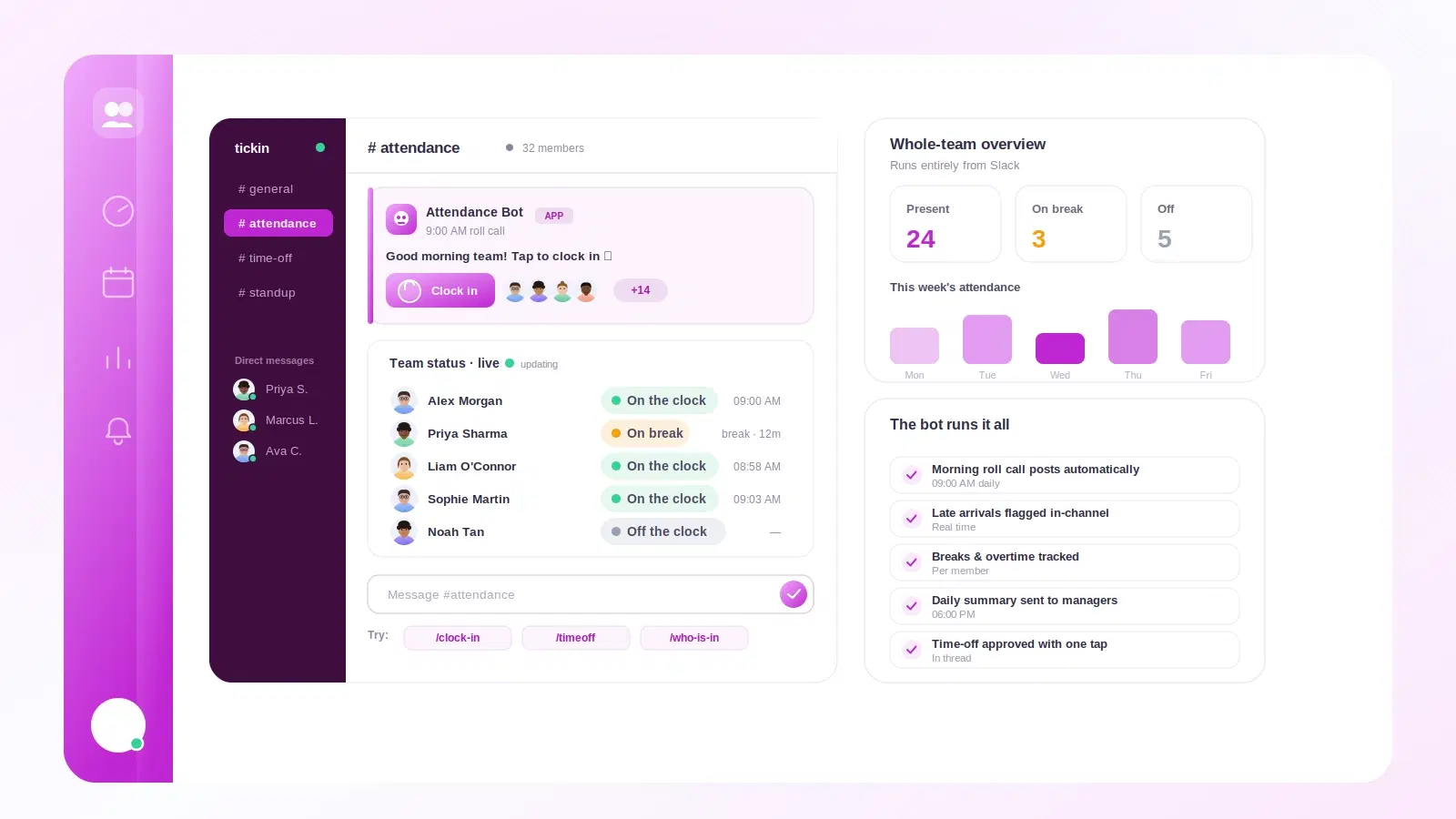A Slack channel showing a Tickin clock-in confirmation, a team-today summary, and a leave request with Approve and Reject buttons