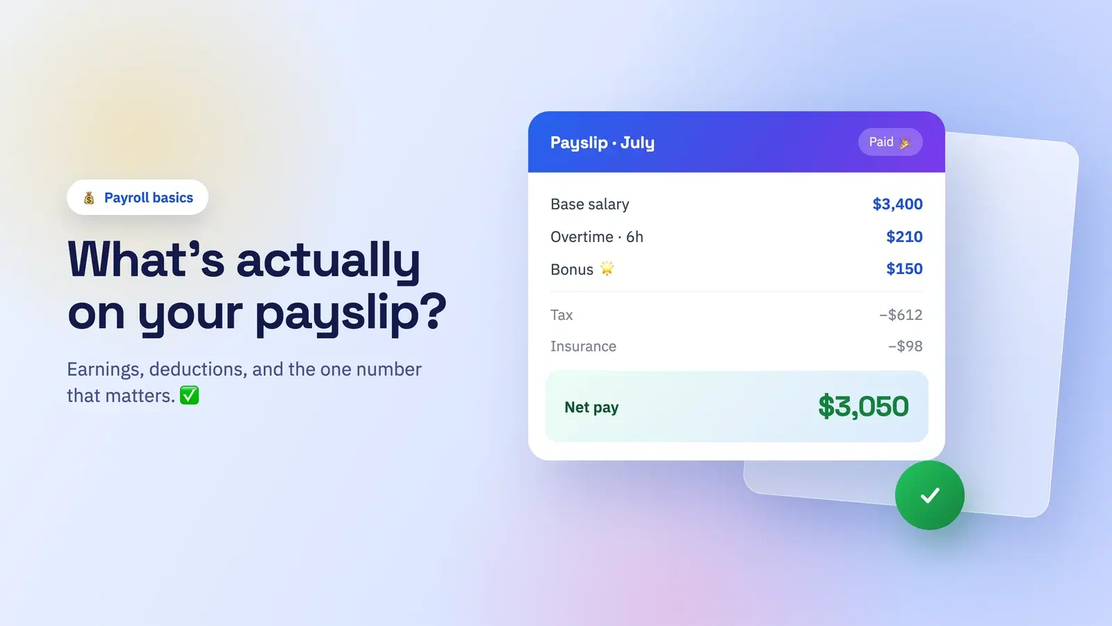 An annotated payslip showing itemized earnings, each deduction on its own line, and the final net pay