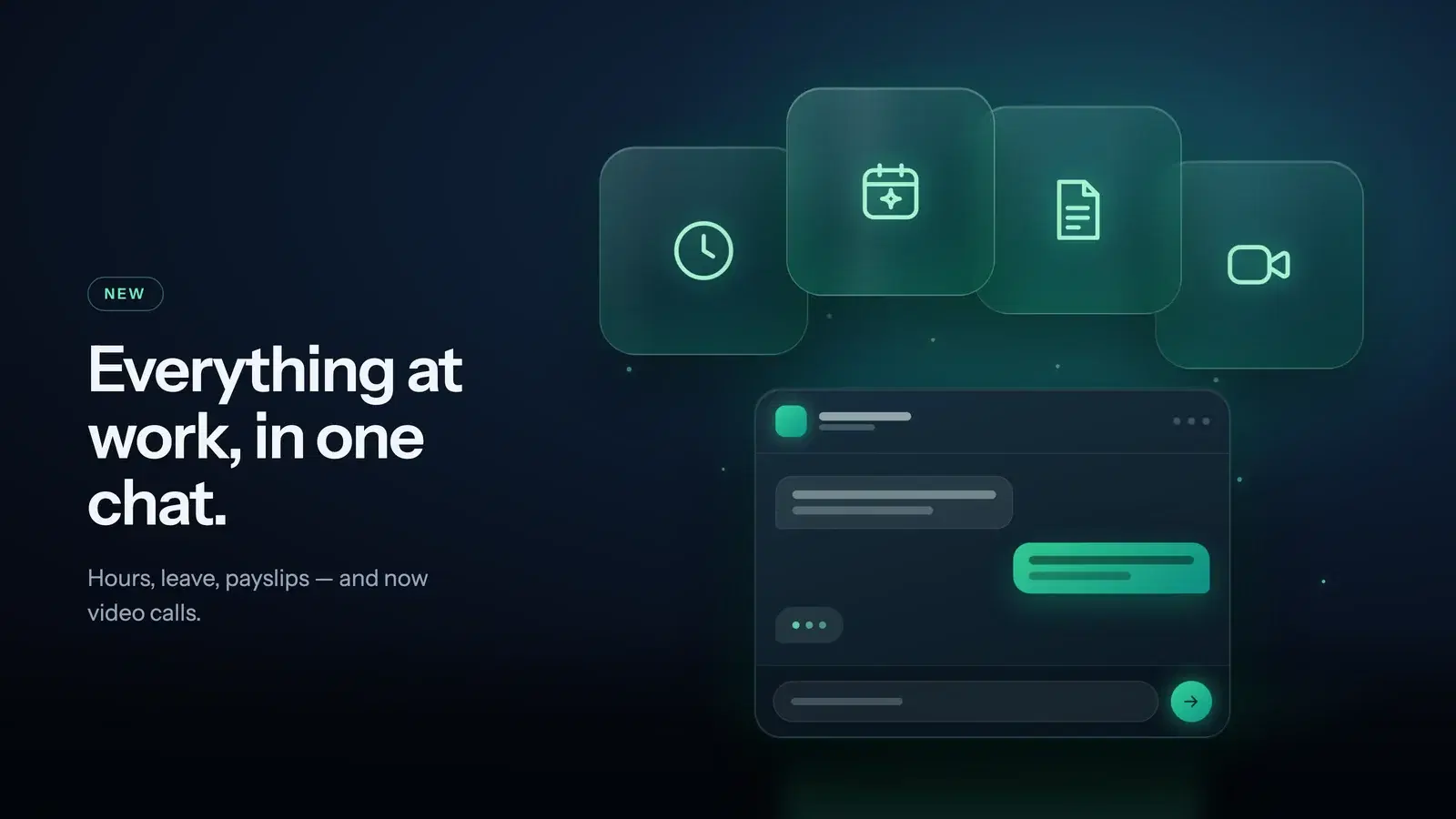 Four glowing cards for hours, leave, payslips and video calls floating above a chat window, on a dark navy background.