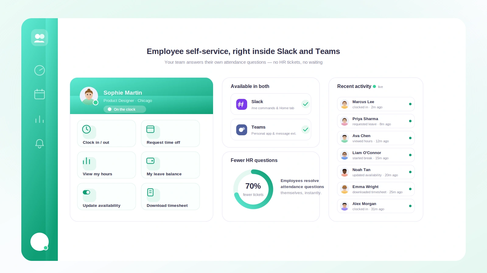 An employee checking their leave balance and today's attendance from a Slack message with the Tickin bot