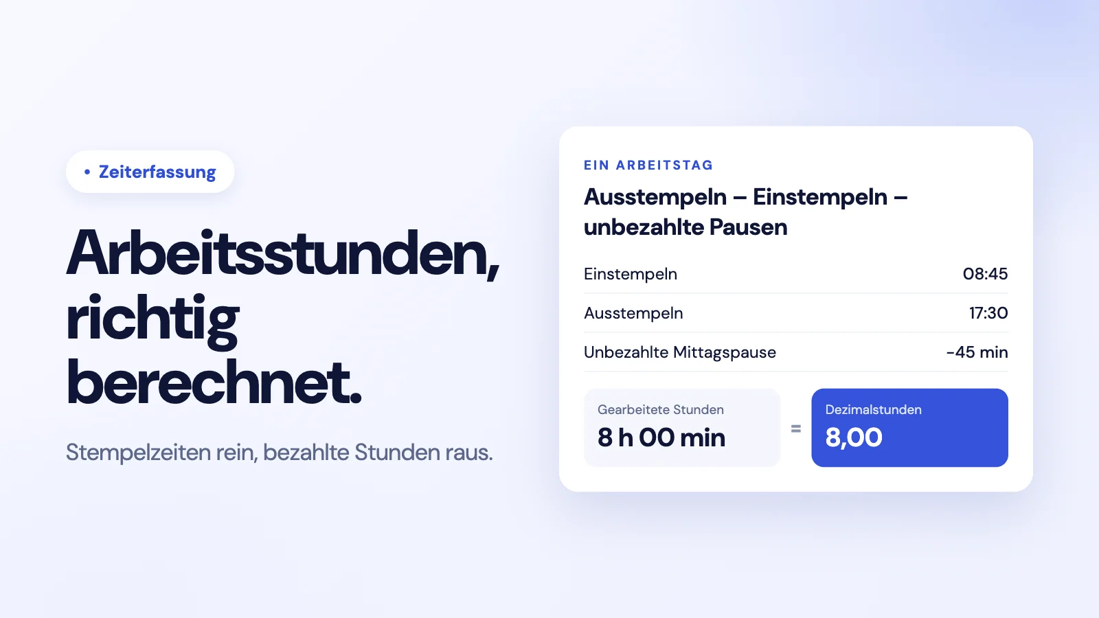 Die Arbeitsstunden eines Tages in drei Schritten: Einstempeln um 08:45 und Ausstempeln um 17:30, abzüglich 45 Minuten Pause, ergibt 8h 00m bzw. 8.00 Dezimalstunden