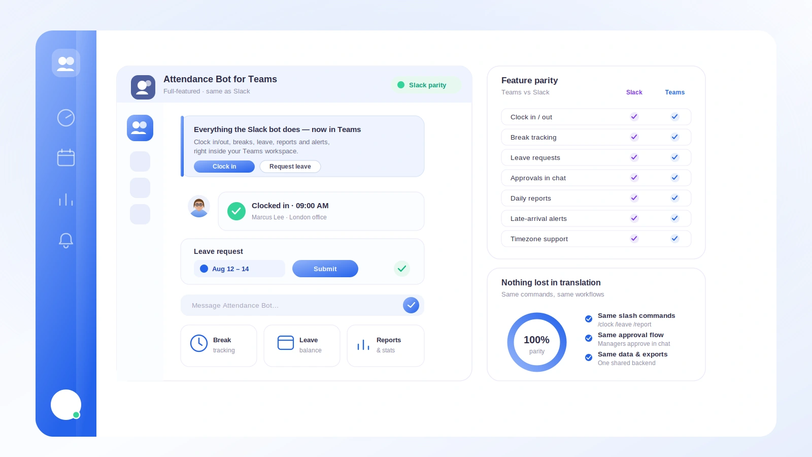 A Microsoft Teams chat showing the Tickin bot with a clock-in confirmation, a team dashboard, and an interactive leave-approval Adaptive Card
