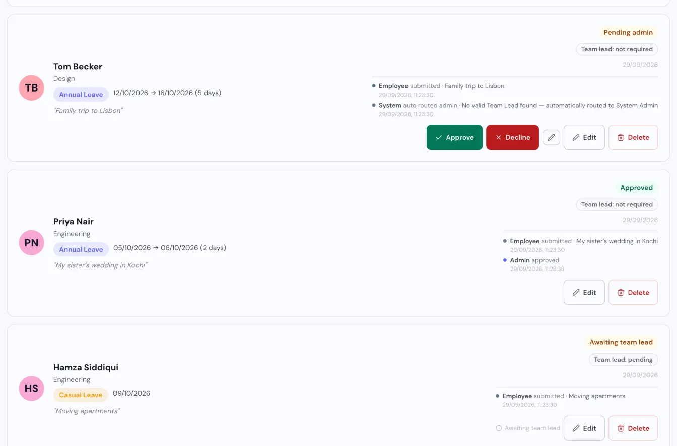 Tickin leave requests: a pending annual leave request with Approve and Decline buttons and its routing history, an approved request, and one awaiting team-lead review.