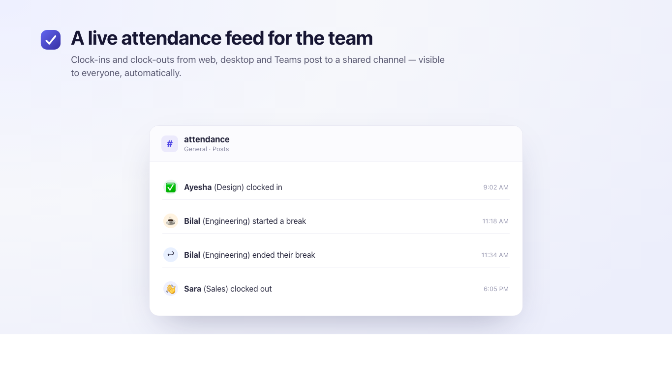 A Microsoft Teams channel showing a live feed of Tickin clock-ins and clock-outs